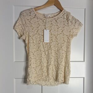 Anistar Cream Floral Lace Short Sleeve Top